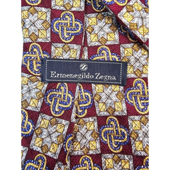Ermenegildo Zegna Mens Silk Tie Burgundy Gold Blue Geometric Pattern 4" Wide - Picture 3 of 6